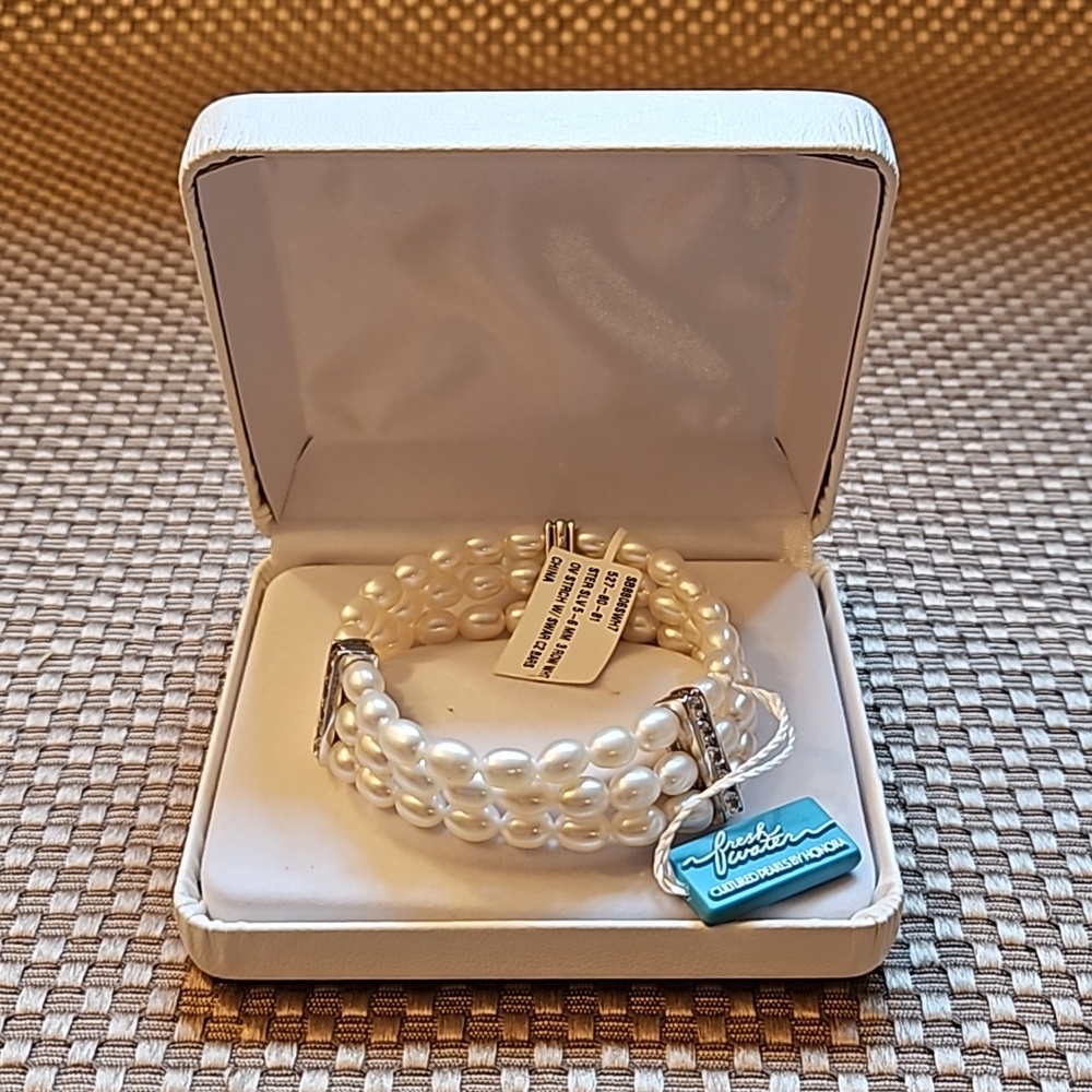 Honora Fresh Water Oval Cultered Pearl Bracelet 3 strand w 3 Swarovski CZ Bars